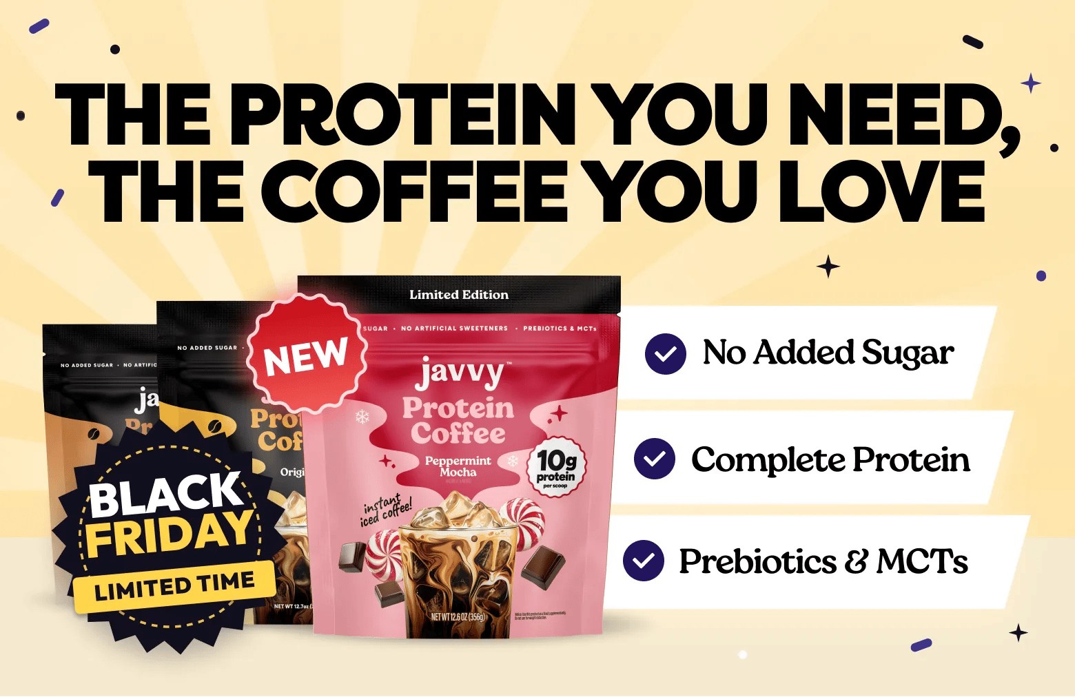 Javvy Protein Coffee Peppermint Mocha with a Black Friday badge — the protein you need, the coffee you love
