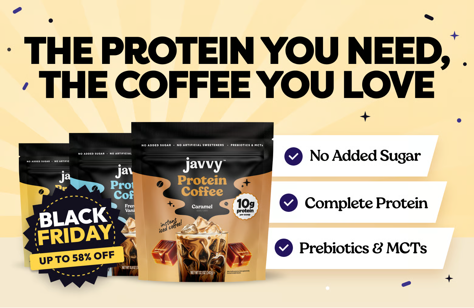 Javvy Protein Coffee bags with a Black Friday badge, up to 58% off — the protein you need, the coffee you love