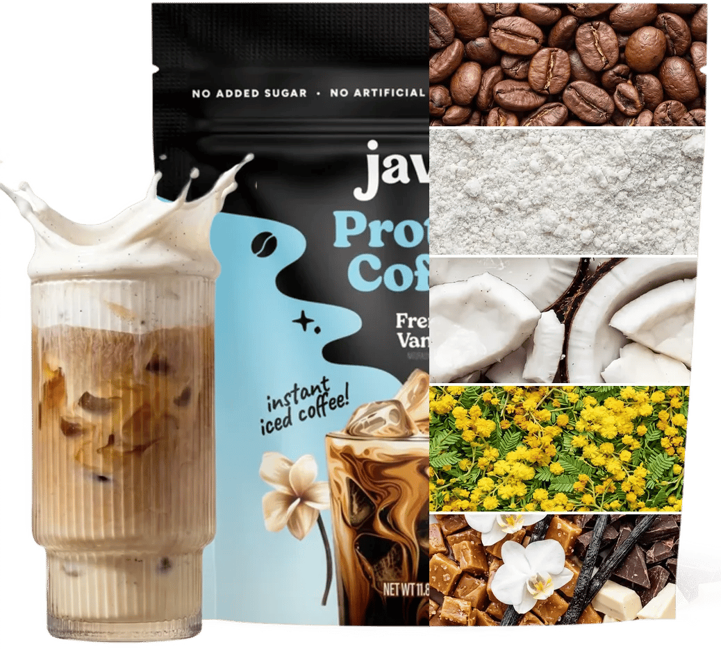 Javvy Protein Coffee iced latte and bag next to coffee beans, protein powder, coconut, prebiotics and vanilla