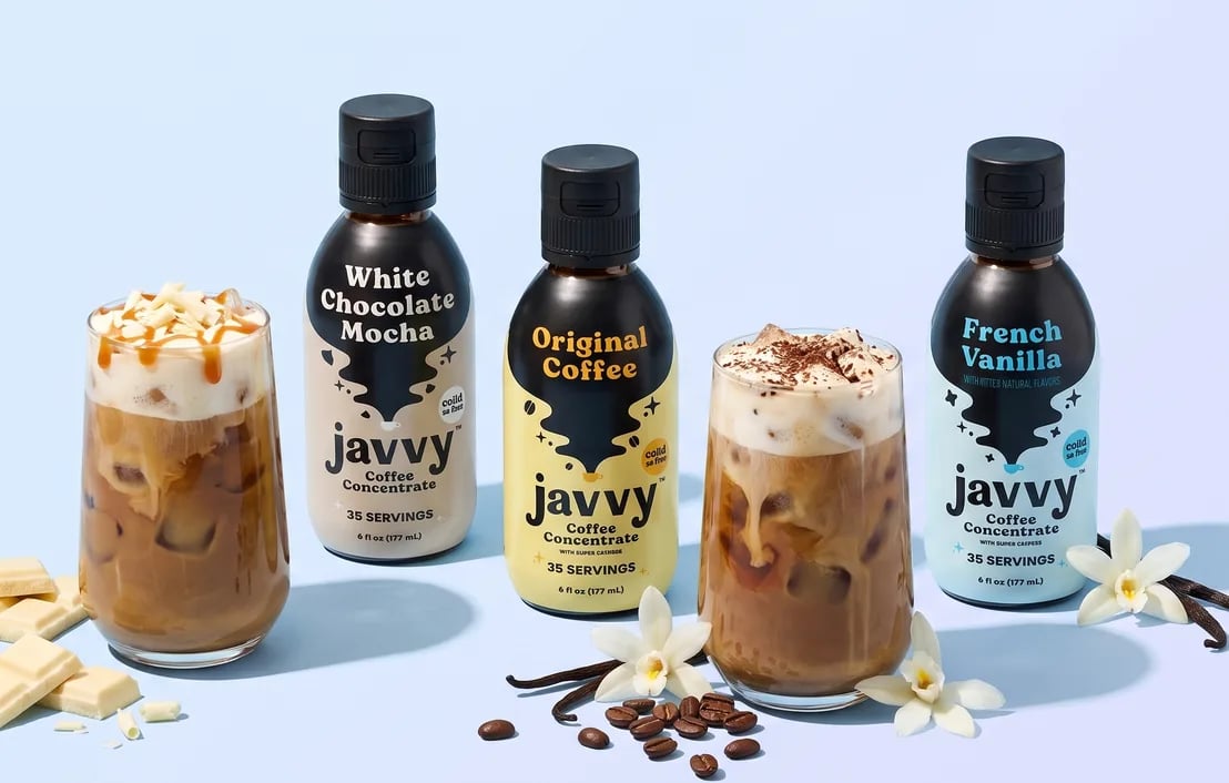 Javvy Coffee Concentrate bottles with iced coffees