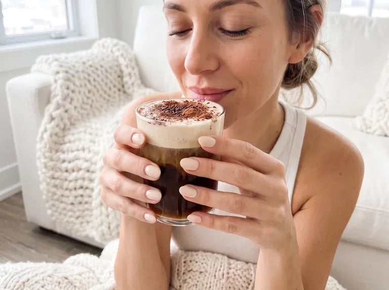Woman sipping a creamy coffee topped with cocoa powder