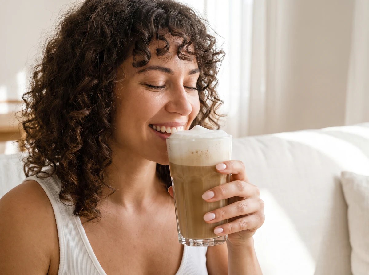 Woman smiling over a creamy iced coffee