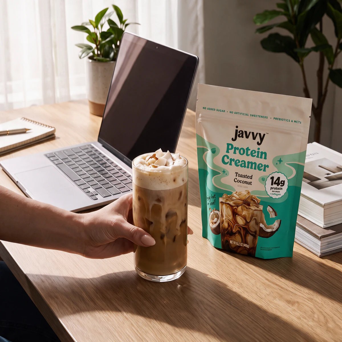 Iced coffee and a bag of Protein Creamer on a desk next to a laptop