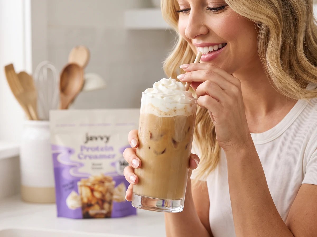 Woman sipping an iced coffee with whipped cream next to a bag of Protein Creamer