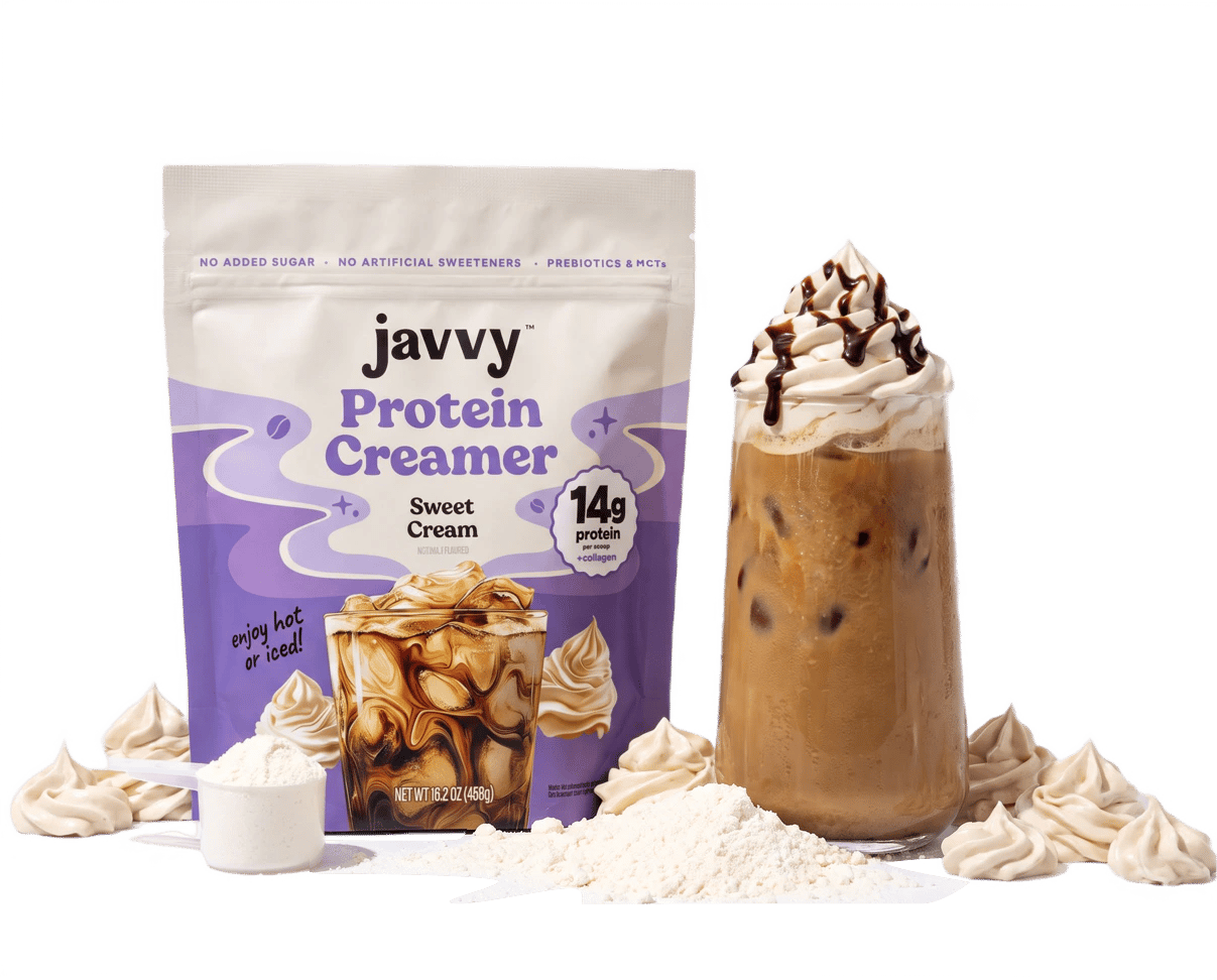 Javvy Sweet Cream Protein Creamer bag and iced latte with whipped cream, protein powder and meringues