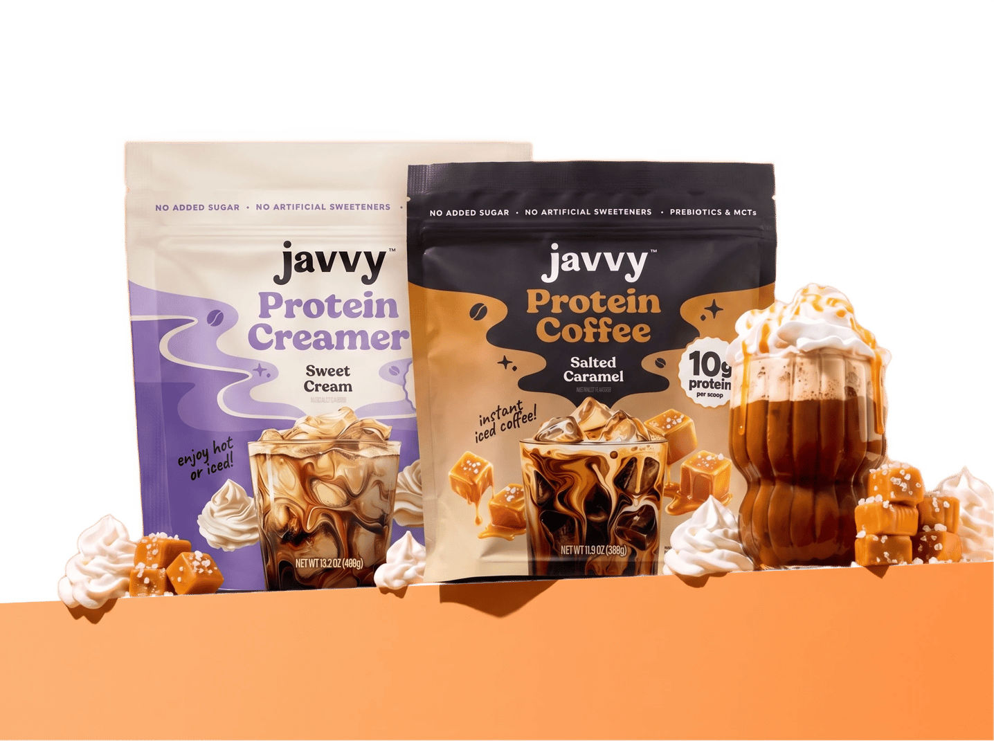 Sweet Cream Protein Creamer and Caramel Protein Coffee with an iced salted caramel cold brew