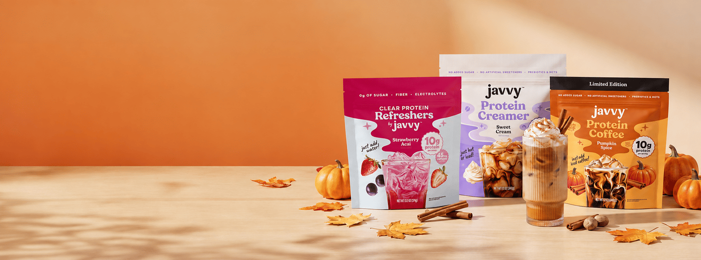 Javvy Protein Refreshers, Protein Creamer and Protein Coffee with fall decorations
