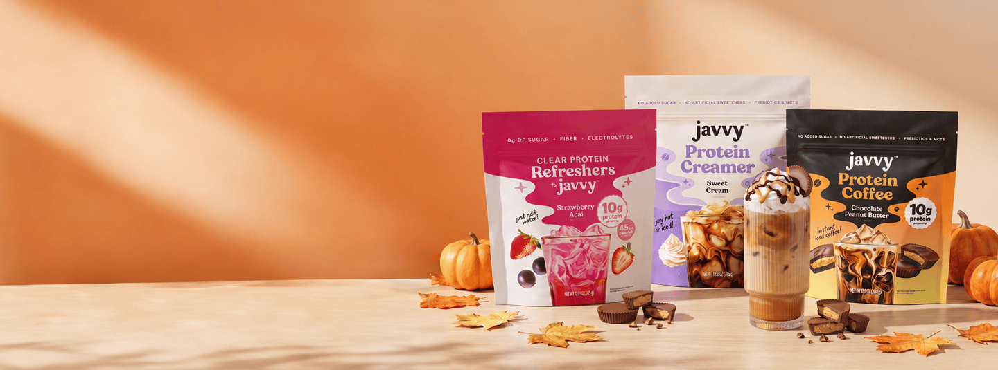Javvy Protein Refreshers, Protein Creamer and Protein Coffee with fall decorations