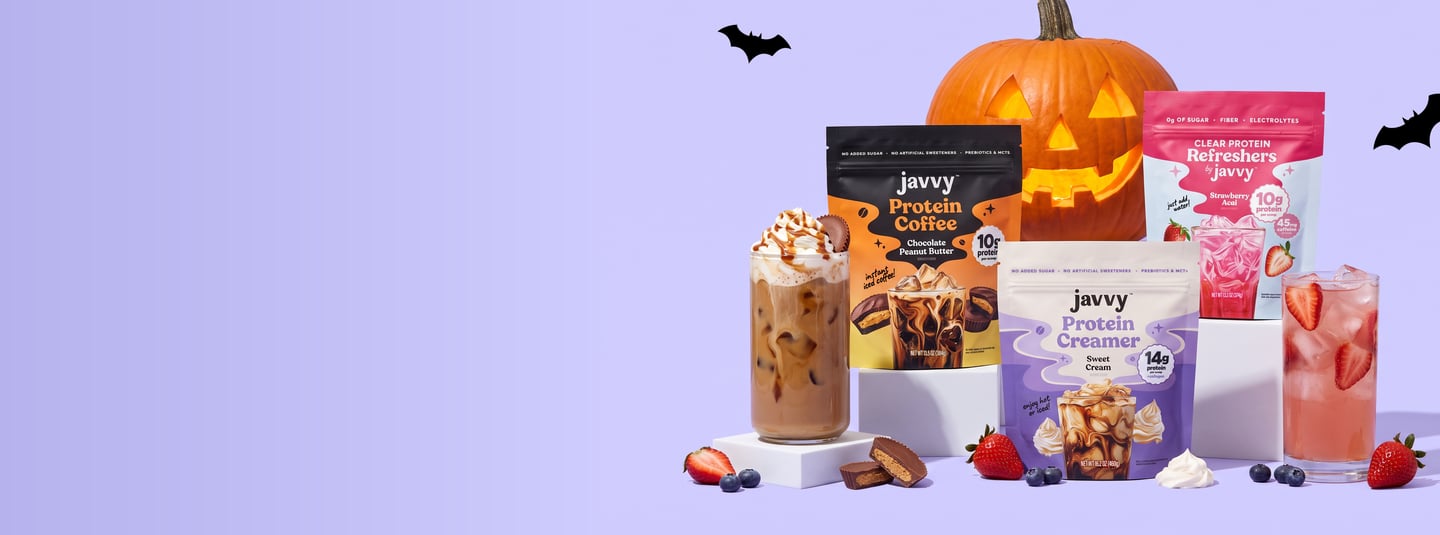 Javvy Protein Coffee, Protein Creamer and Protein Refreshers with a Halloween pumpkin