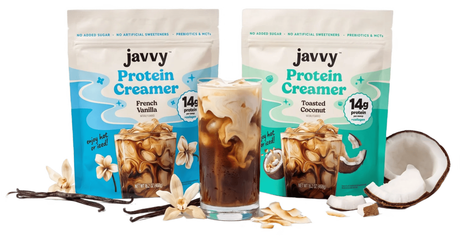 Javvy Protein Creamer bags with an iced coffee