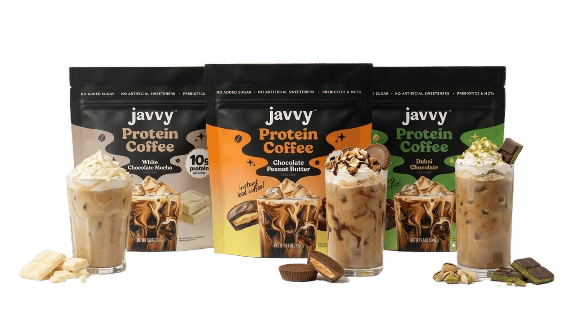 Javvy Protein Coffee bags with iced coffees
