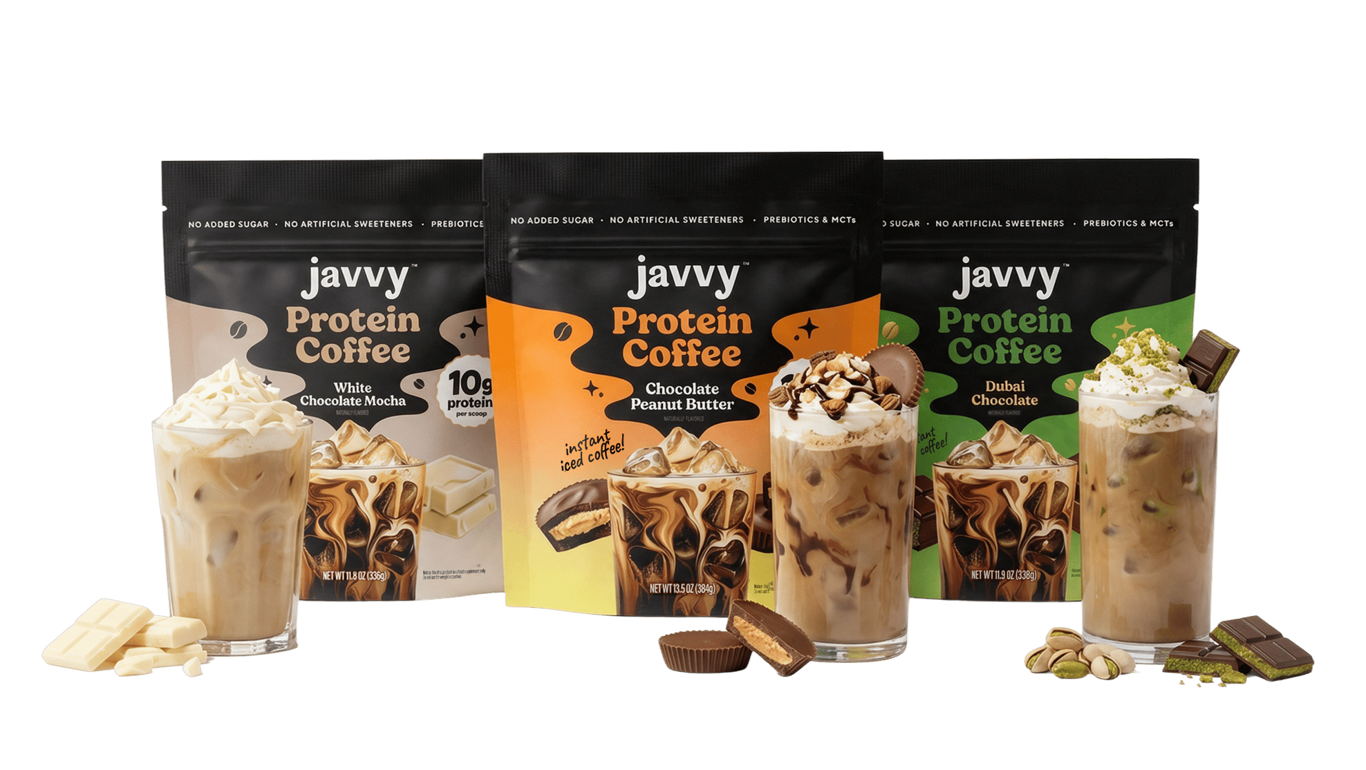 Javvy Protein Coffee bags with iced coffees