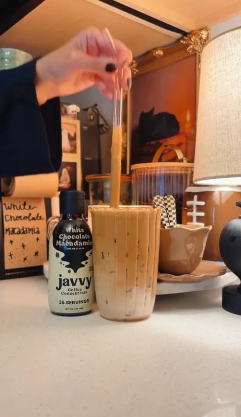 Iced latte made with White Chocolate Macadamia Coffee Concentrate