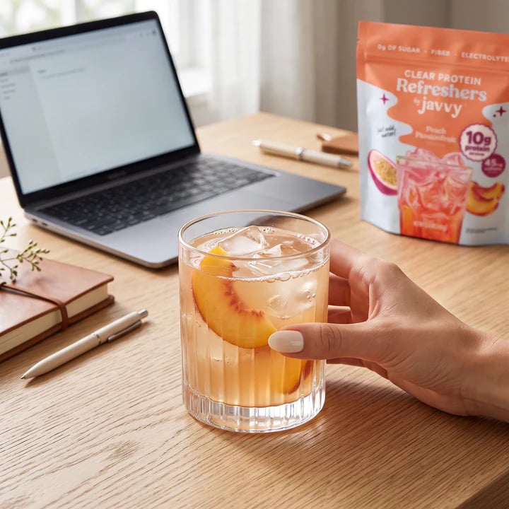 Protein refresher next to a laptop