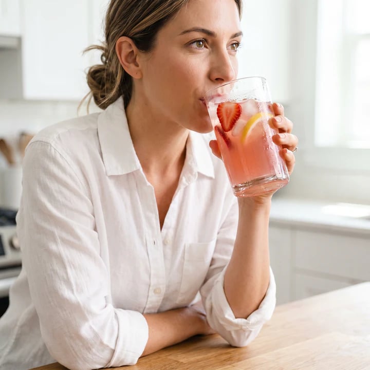 Woman drinking a protein refresher at breakfast