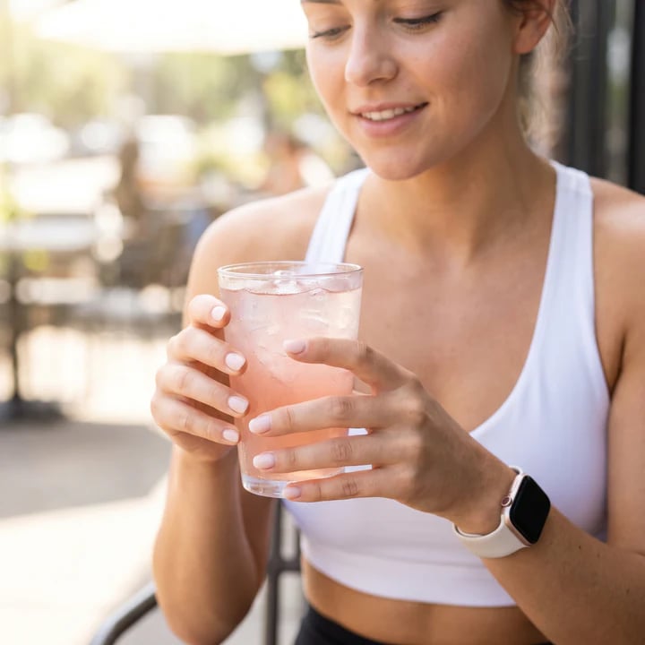 Woman holding a protein refresher after a workout