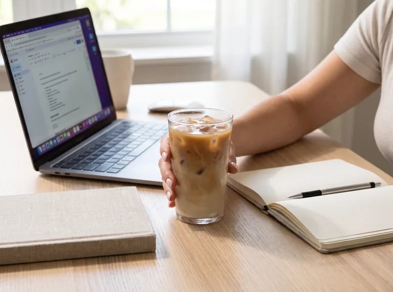 Iced coffee on a desk next to a laptop and a notebook