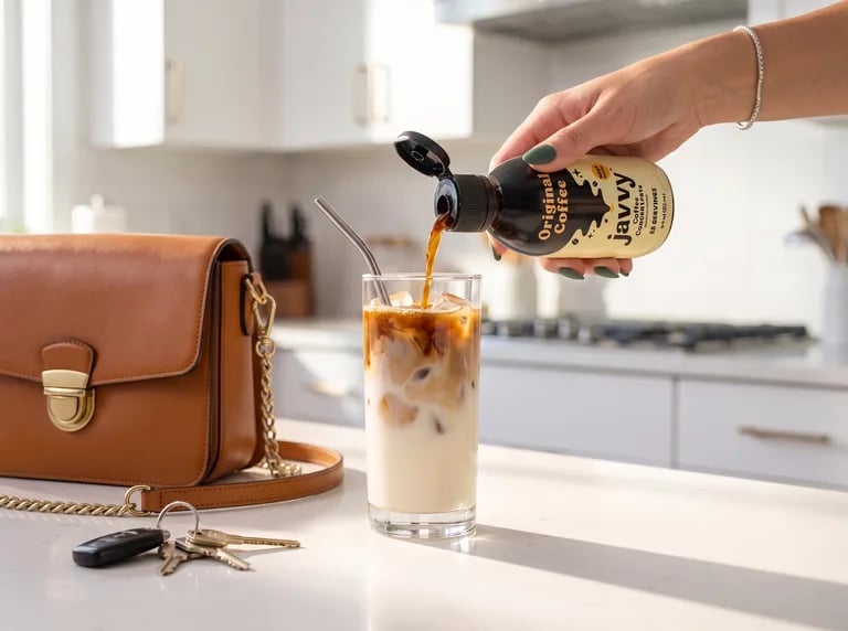 Coffee concentrate being poured into a glass of iced milk on a kitchen counter