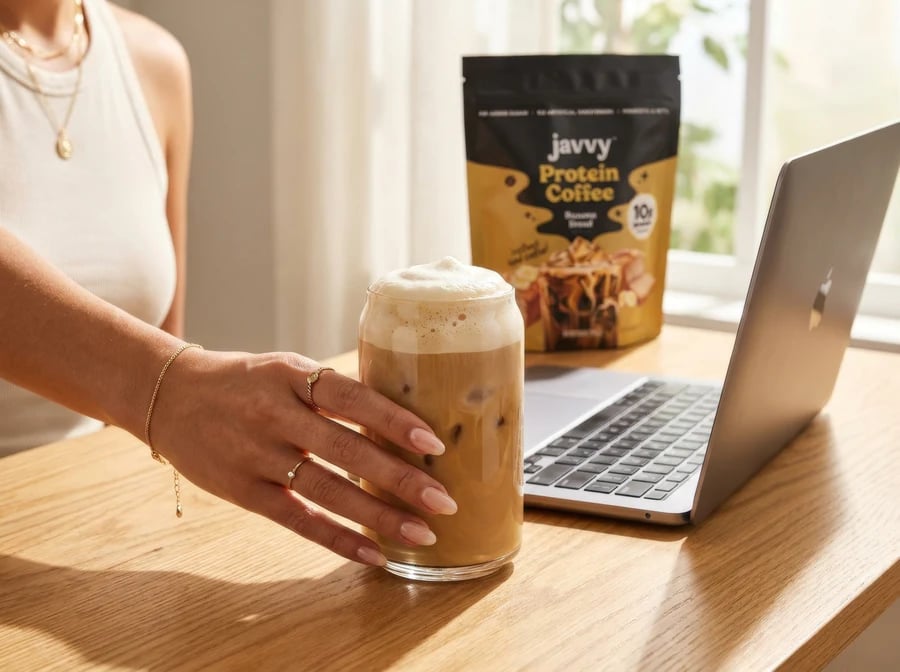 Iced protein coffee next to a laptop
