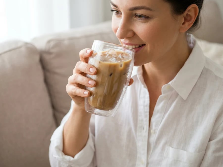 Woman sipping an iced protein coffee