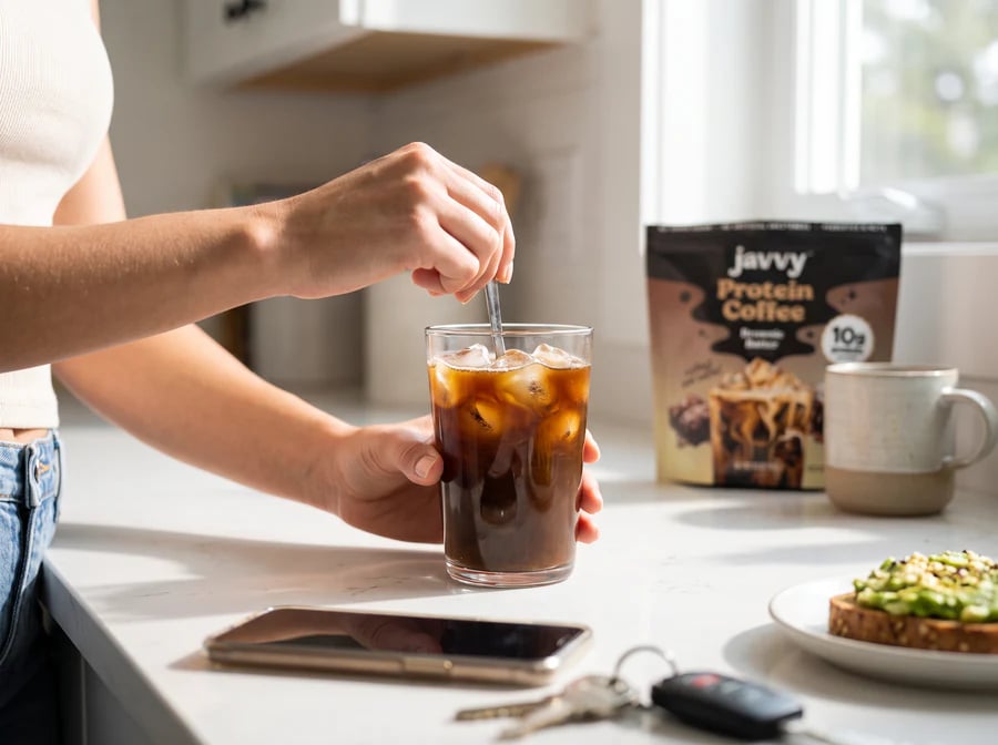 Woman stirring an iced protein coffee at the kitchen counter