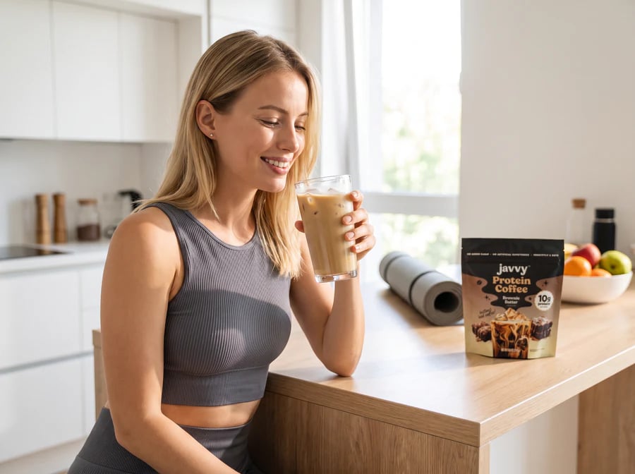 Woman in workout clothes holding an iced protein coffee